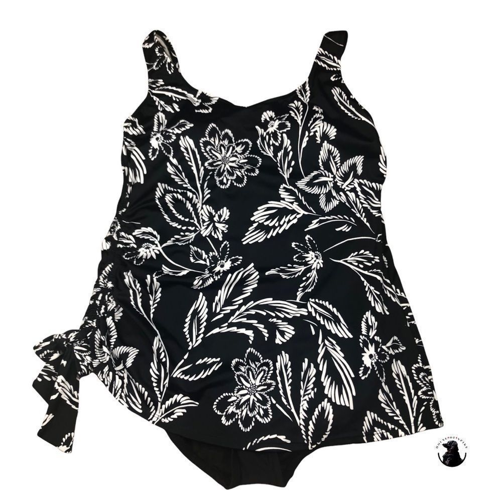 Swim Solutions Black & White Leaf Print Padded One Piece Swimsuit Size Medium